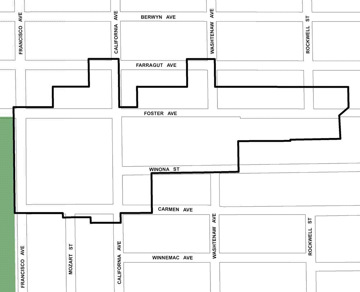 Foster/California TIF district, roughly bounded on the north by Farragut Avenue, Carmen Avenue on the south, Rockwell Street on the east and Francisco Avenue on the west.
